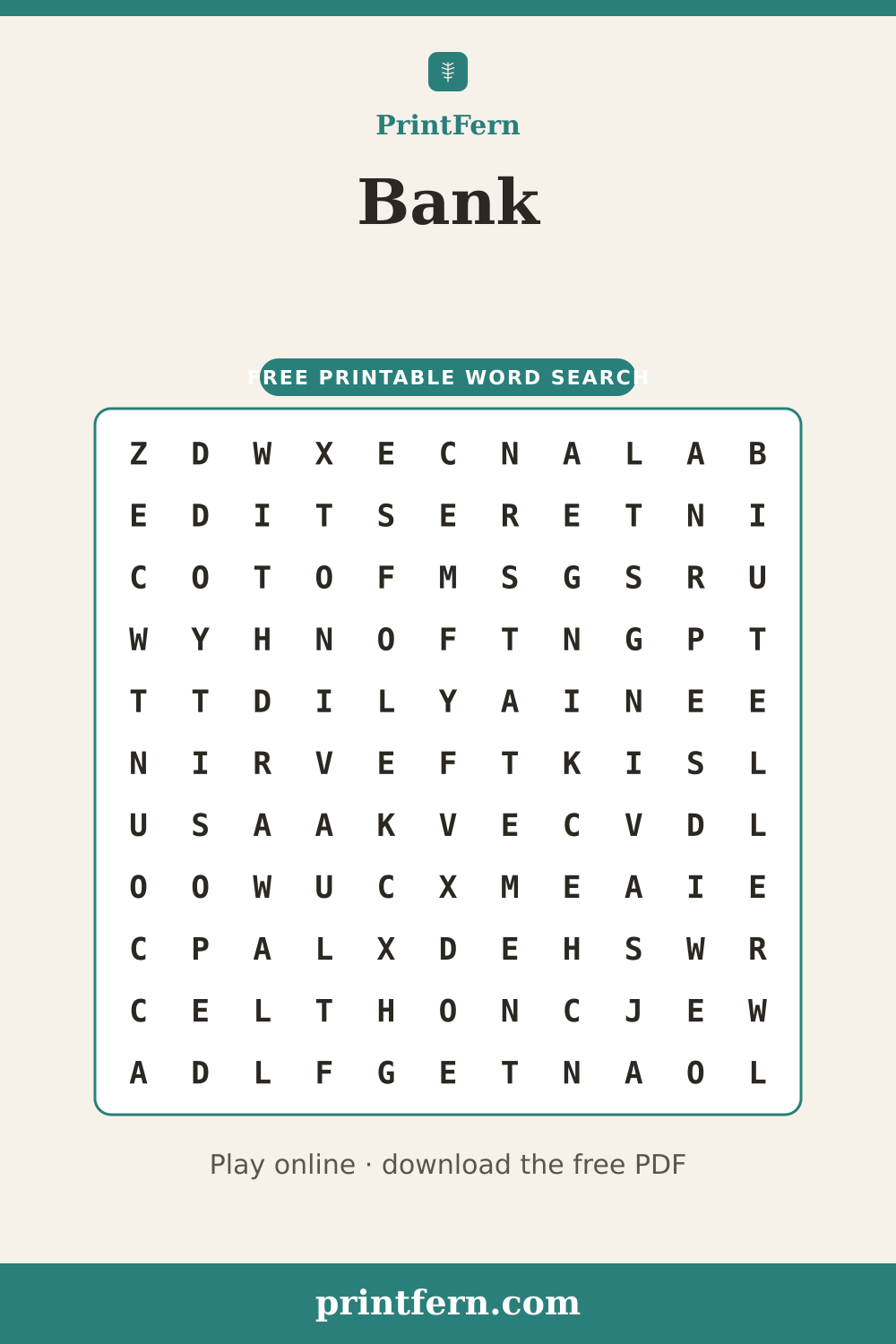 Bank Word Search, free printable PDF preview