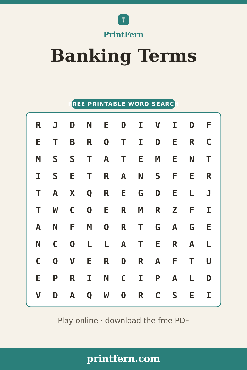 Banking Terms Word Search, free printable PDF preview