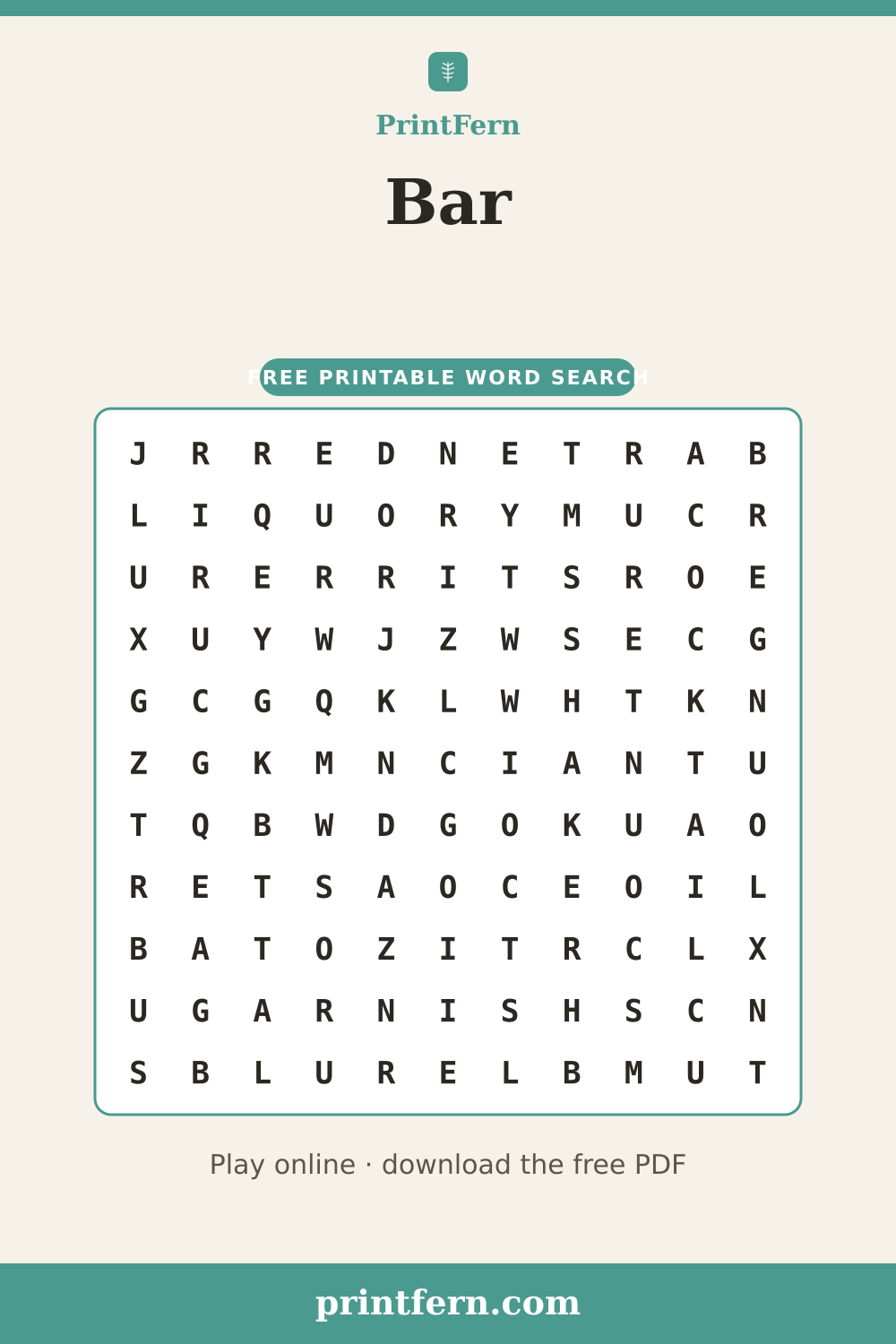 Bar Word Search, free printable PDF preview