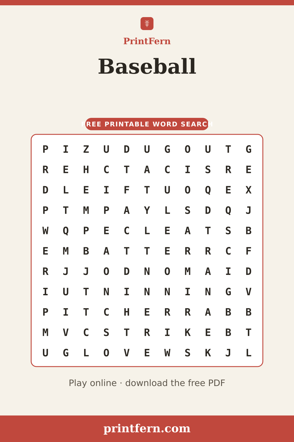 Baseball Word Search, free printable PDF preview