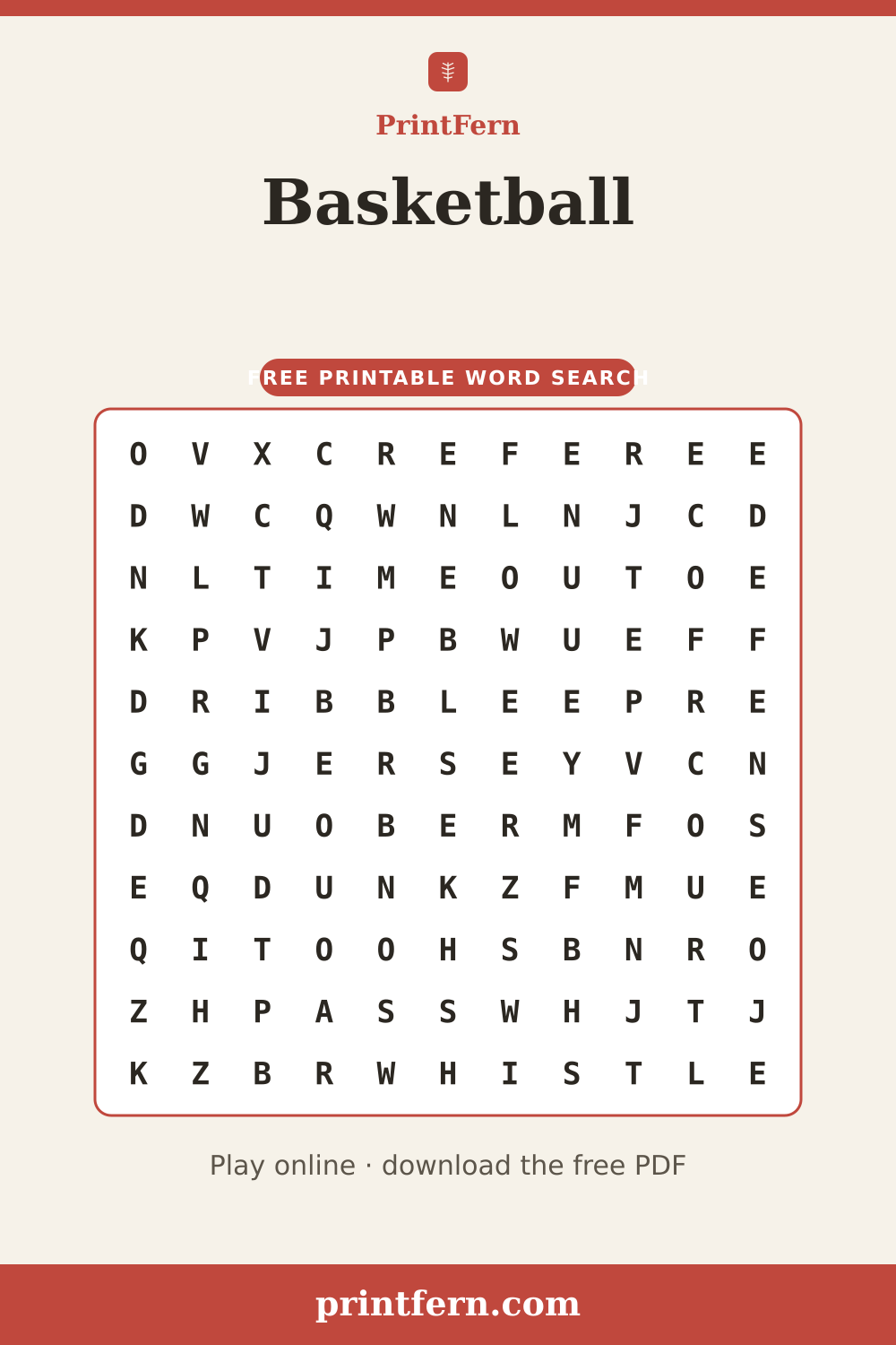 Basketball Word Search, free printable PDF preview