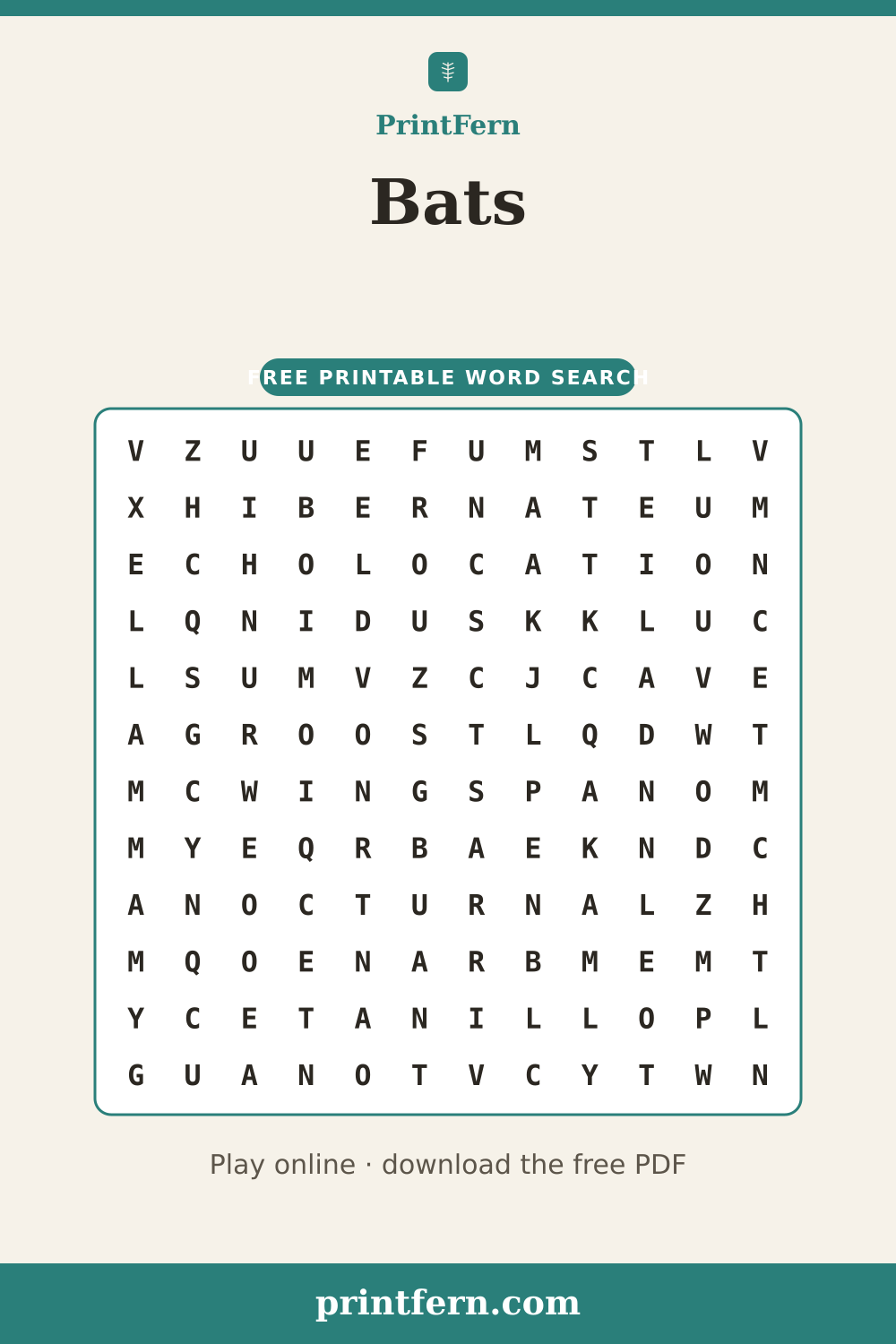 Bats Word Search, free printable PDF preview