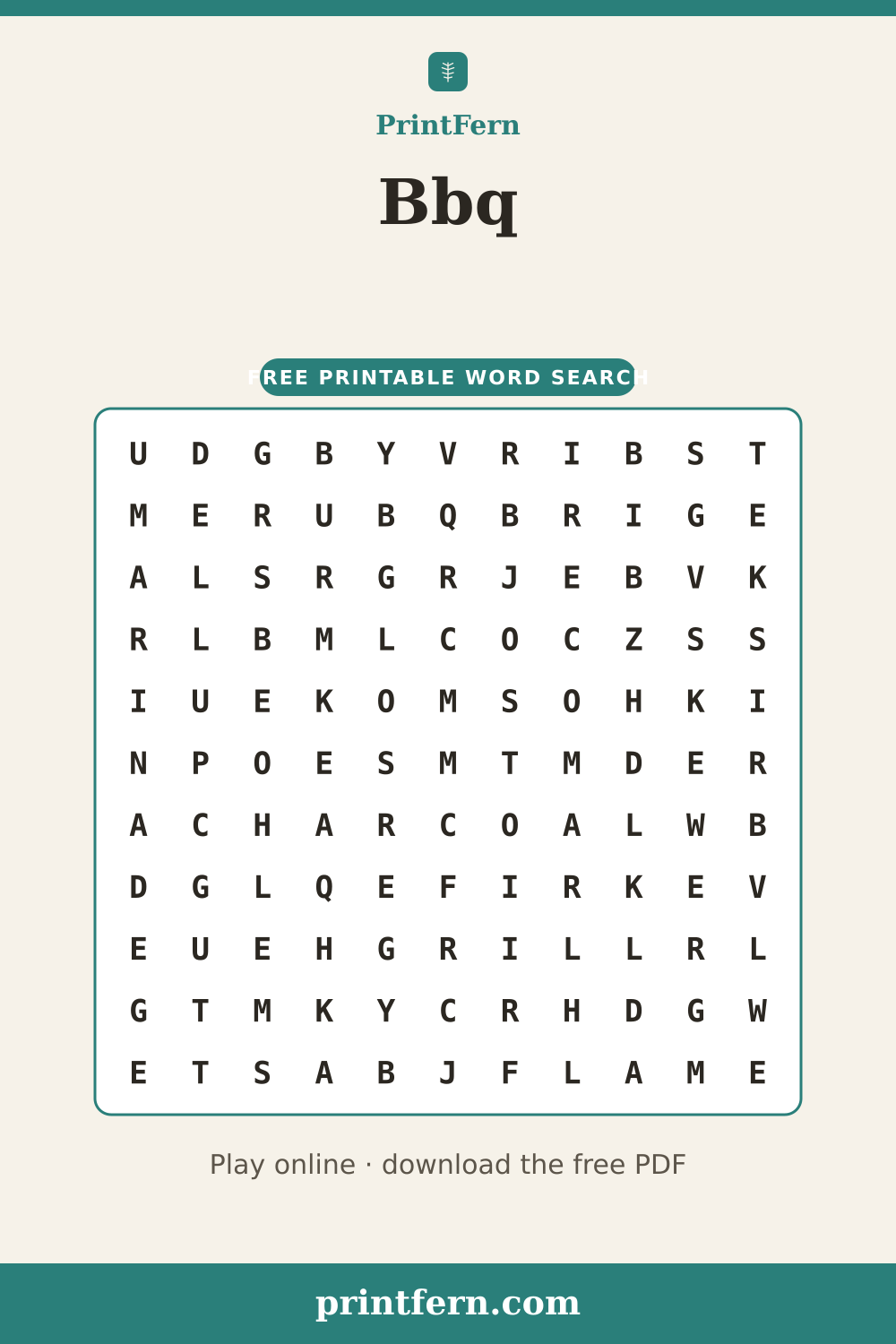 Bbq Word Search, free printable PDF preview