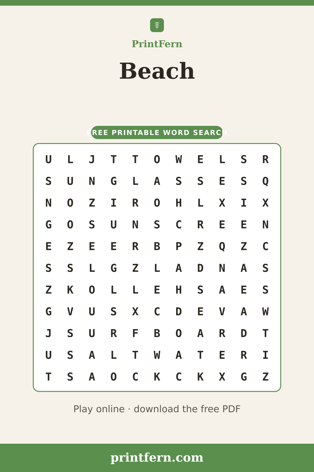 Beach Word Search, free printable PDF preview