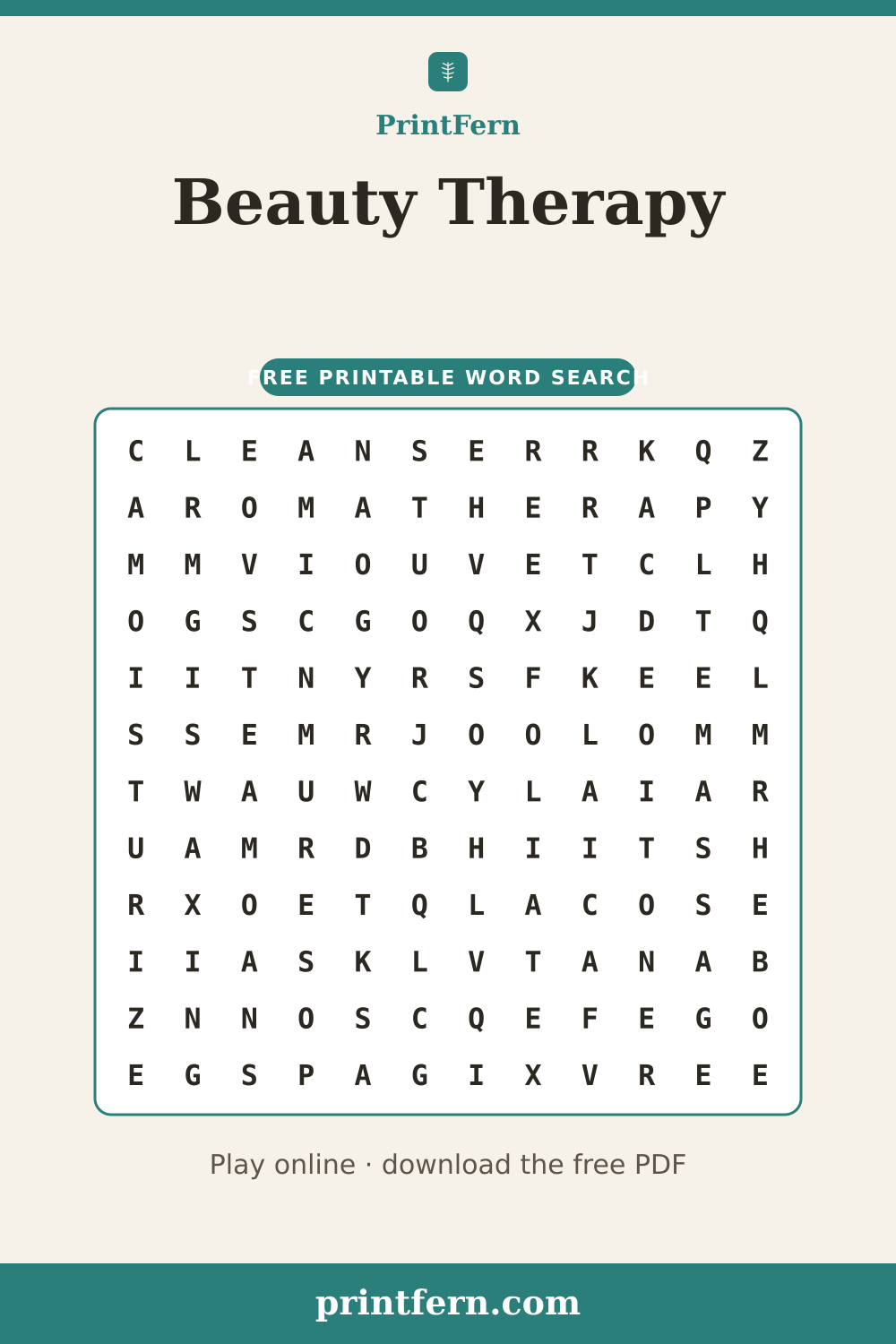 Beauty Therapy Word Search, free printable PDF preview