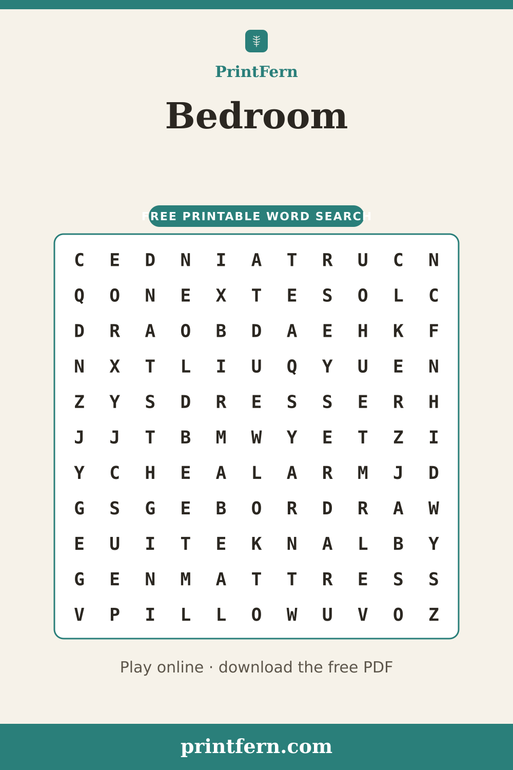 Bedroom Word Search, free printable PDF preview