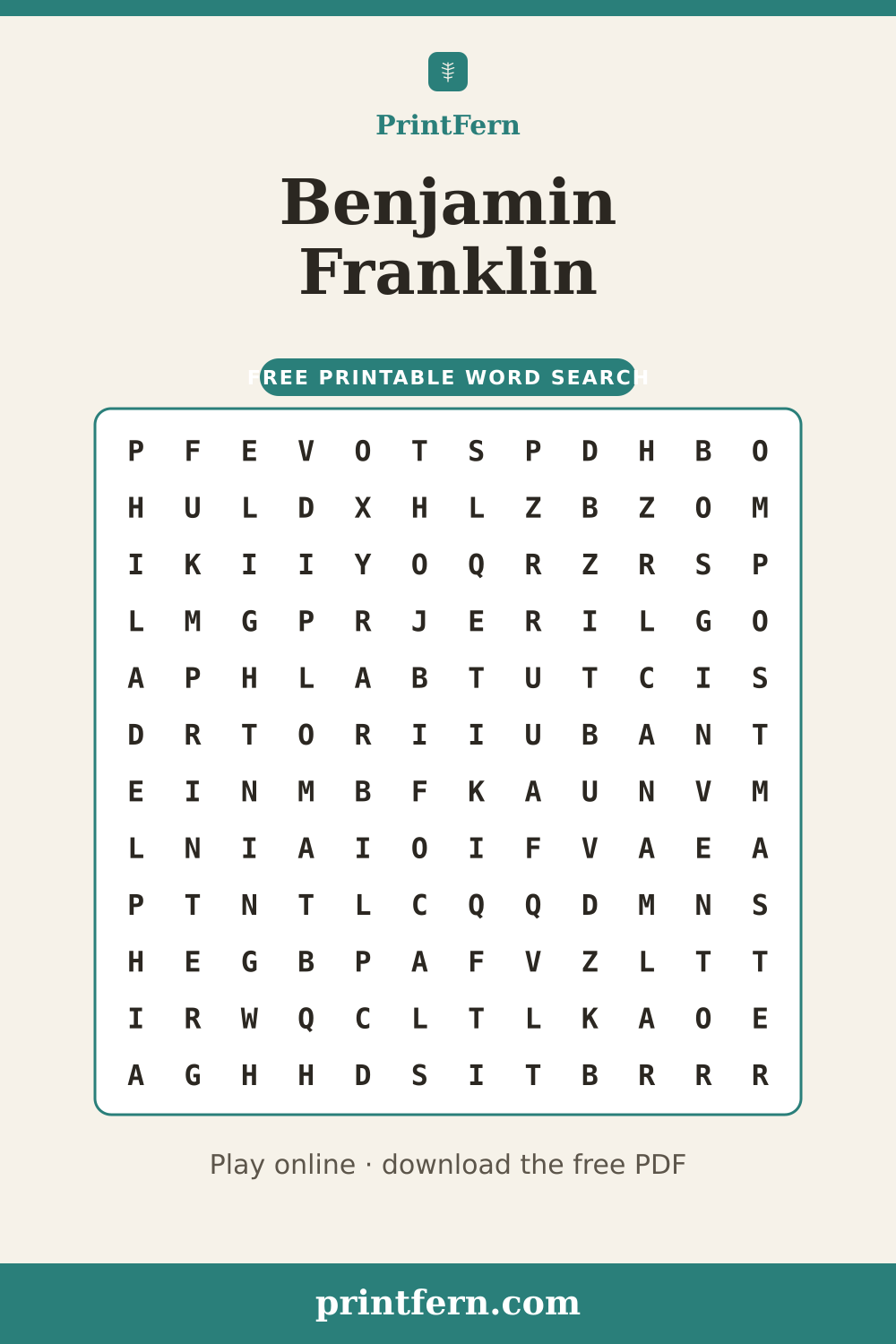 Benjamin Franklin Word Search, free printable PDF preview