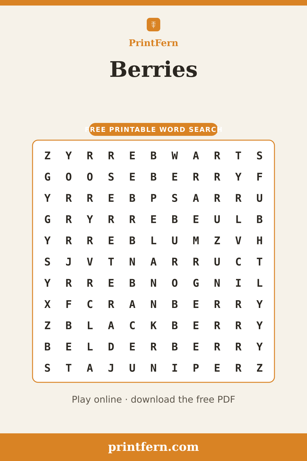 Berries Word Search, free printable PDF preview