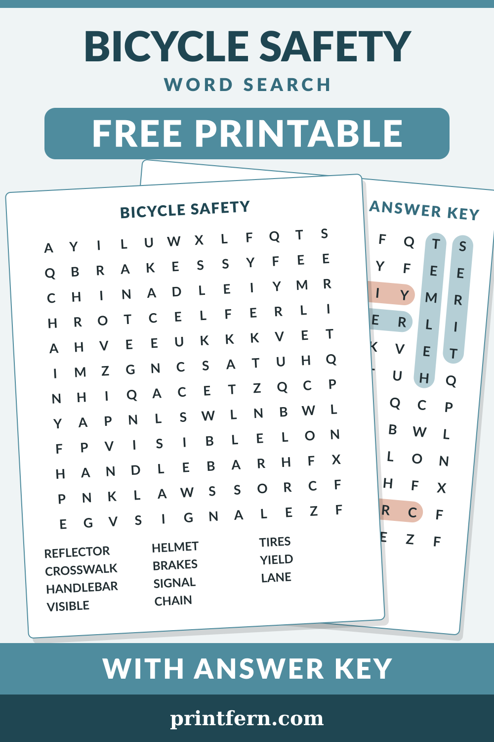 Bicycle Safety Word Search, free printable PDF preview