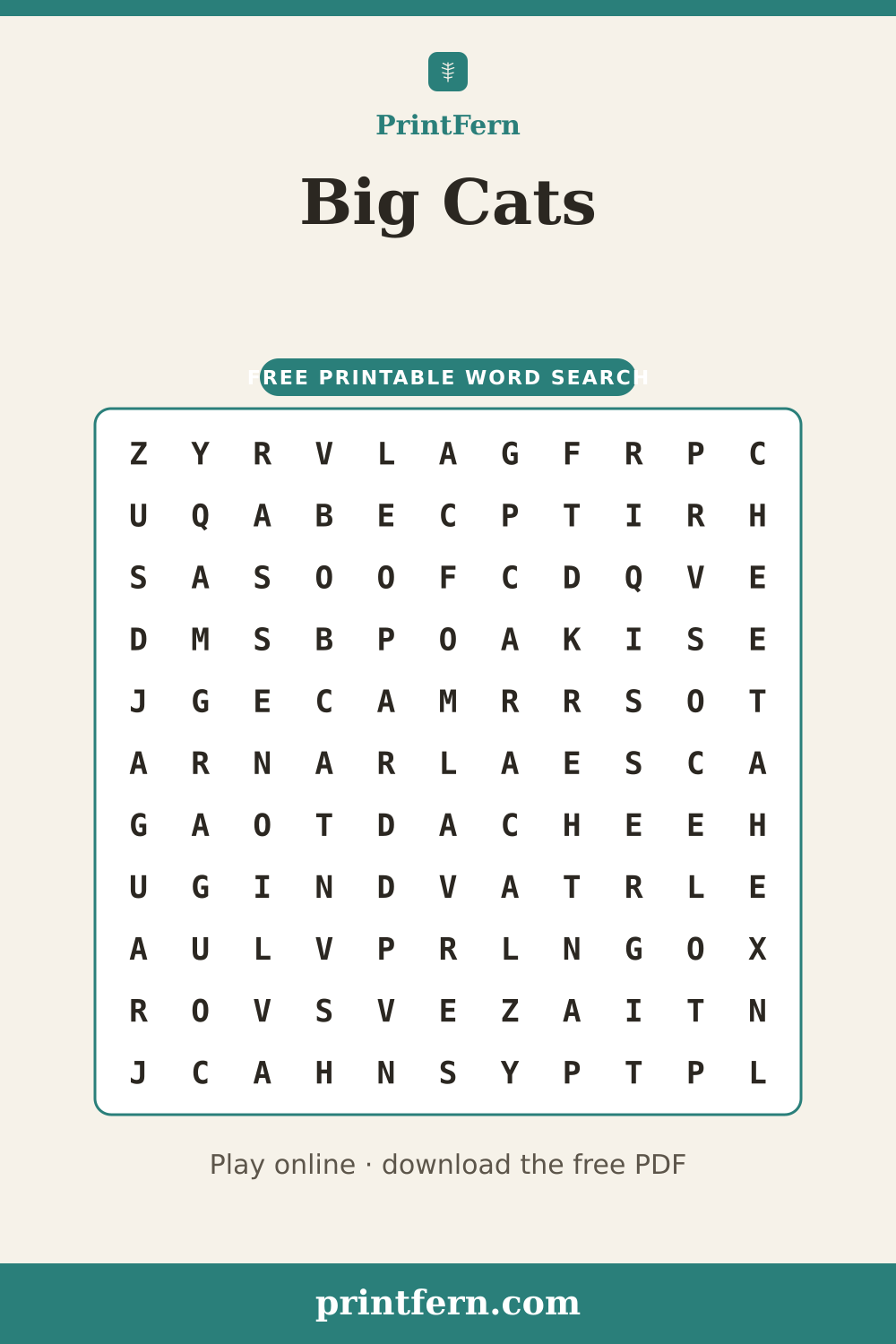 Big Cats Word Search, free printable PDF preview