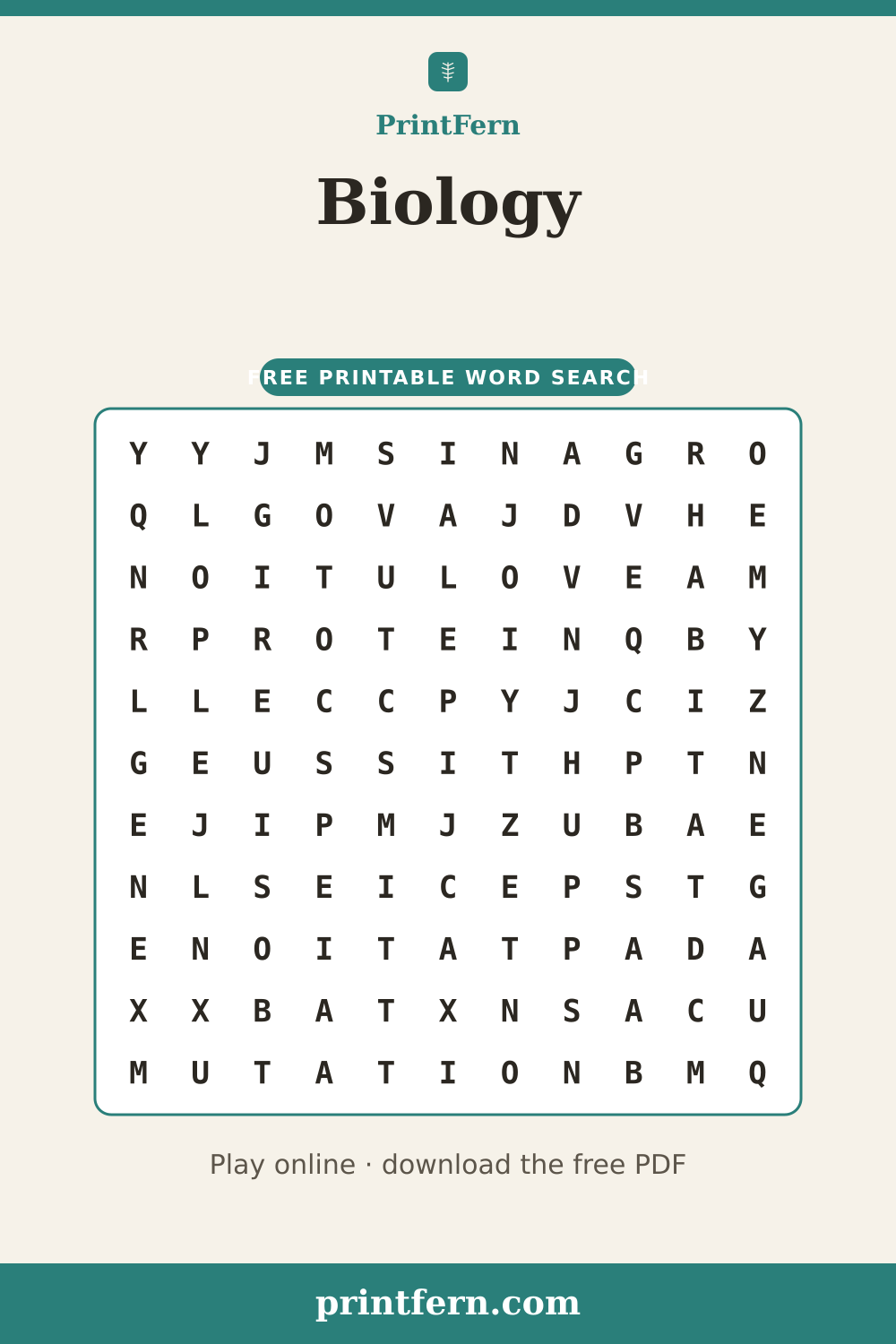 Biology Word Search, free printable PDF preview