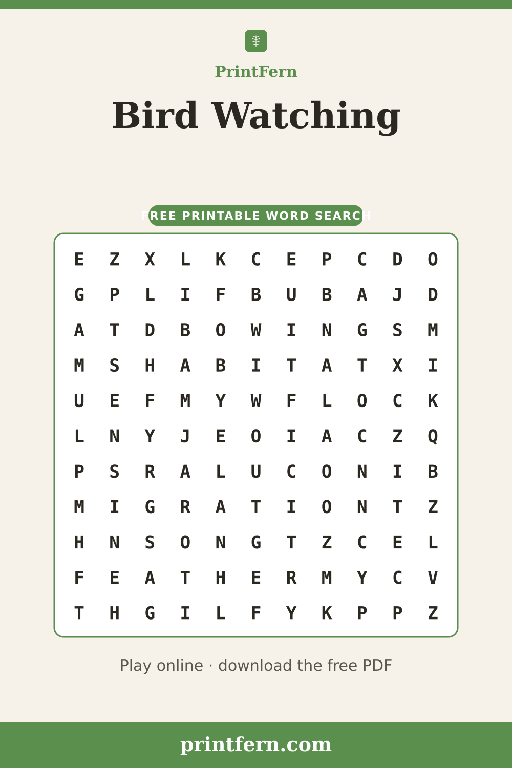 Bird Watching Word Search, free printable PDF preview