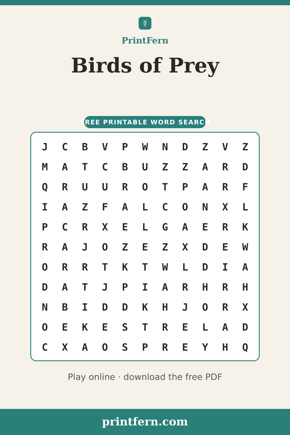 Birds of Prey Word Search, free printable PDF preview