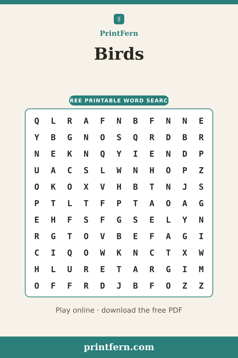 Birds Word Search, free printable PDF preview