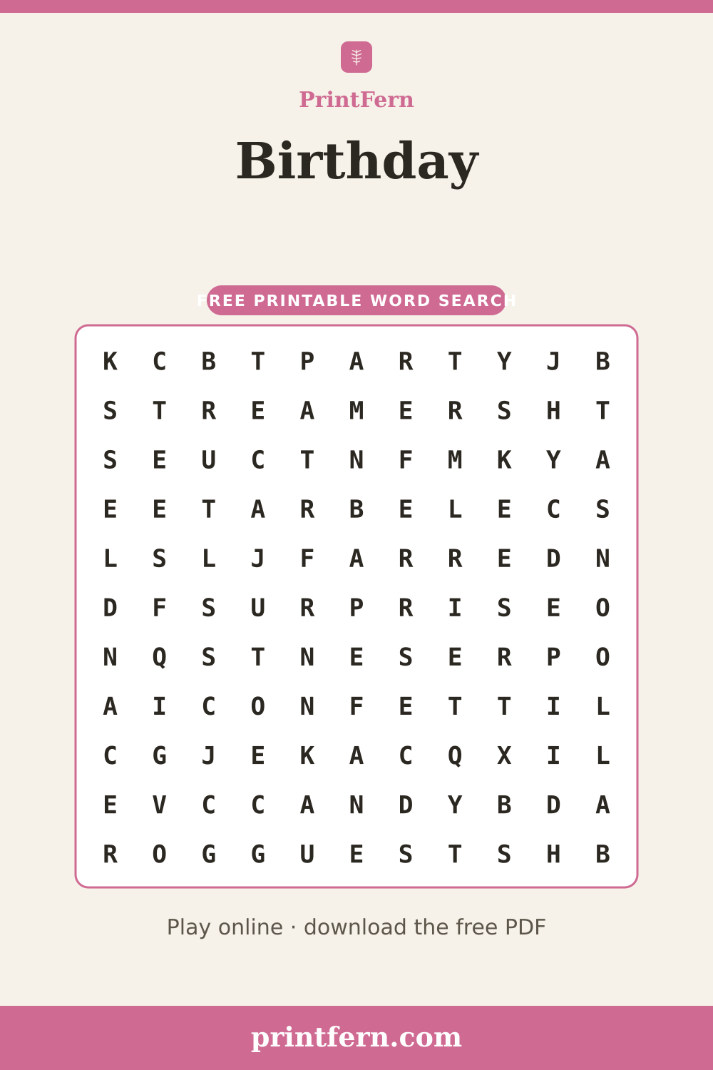 Birthday Word Search, free printable PDF preview