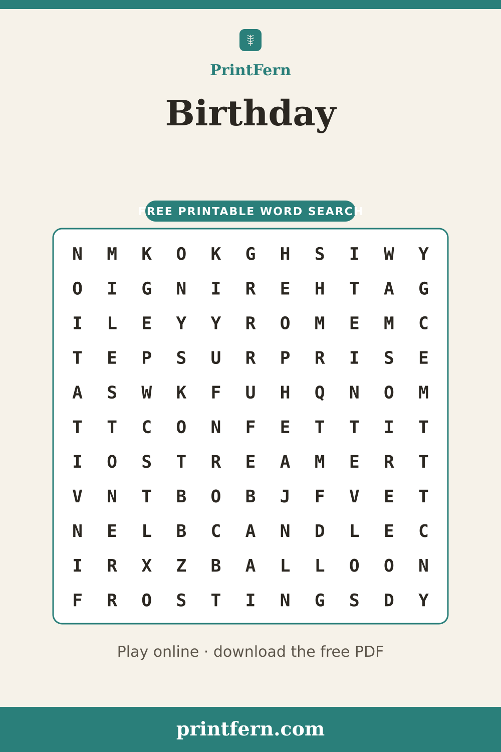 Birthday Word Search, free printable PDF preview