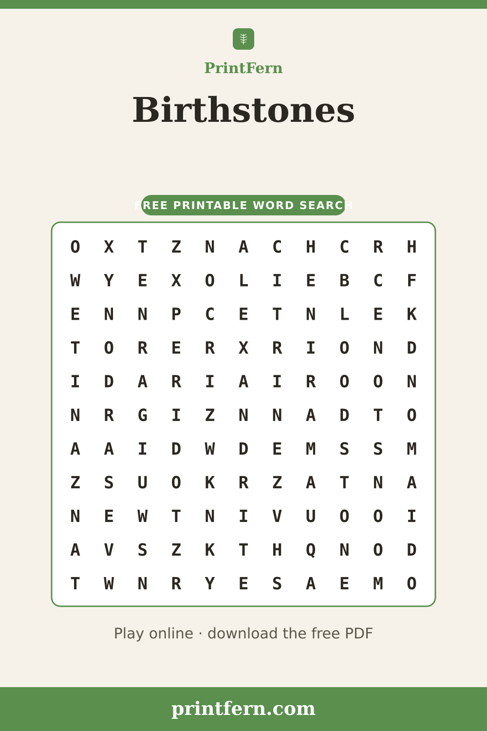 Birthstones Word Search, free printable PDF preview