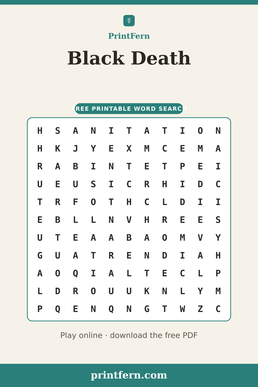 Black Death Word Search, free printable PDF preview