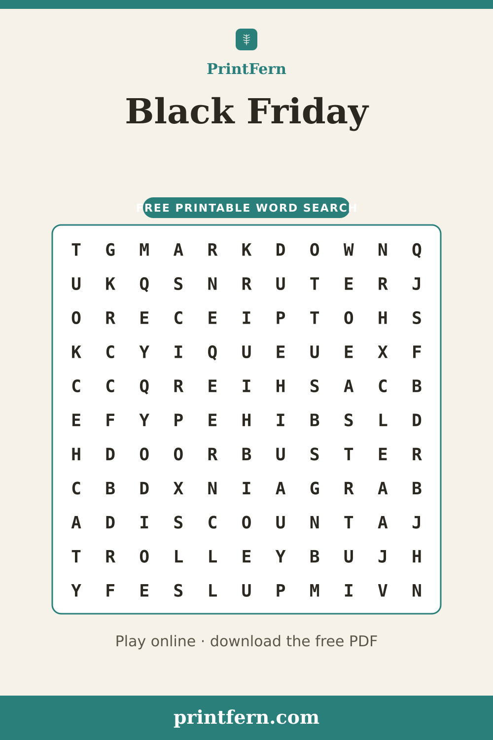 Black Friday Word Search, free printable PDF preview