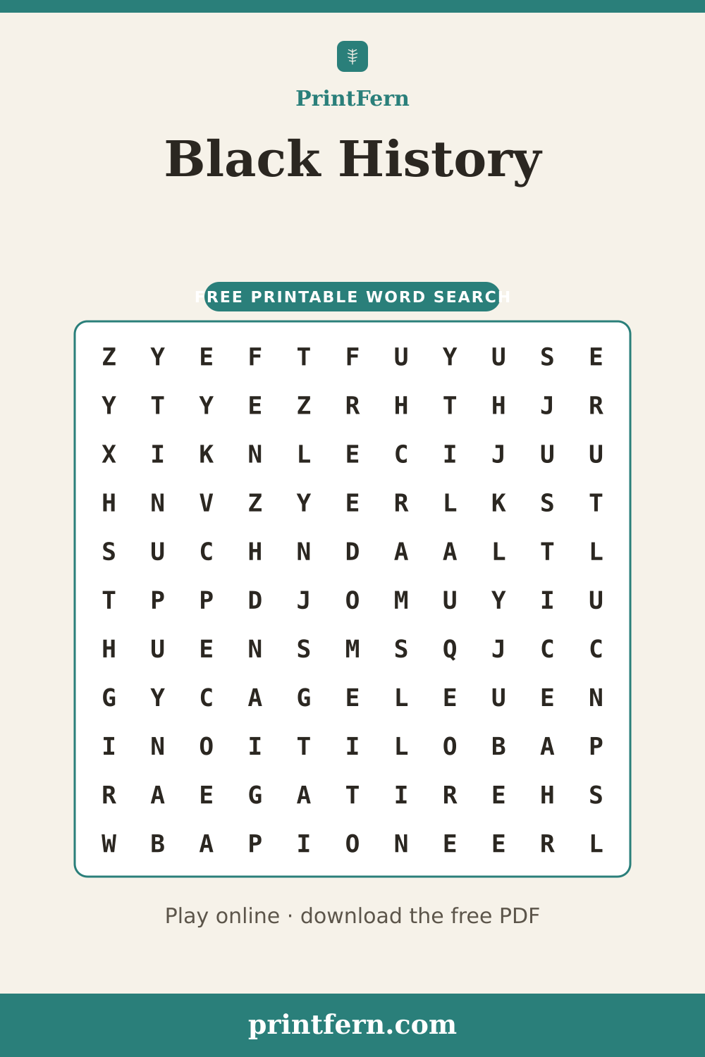 Black History Word Search, free printable PDF preview