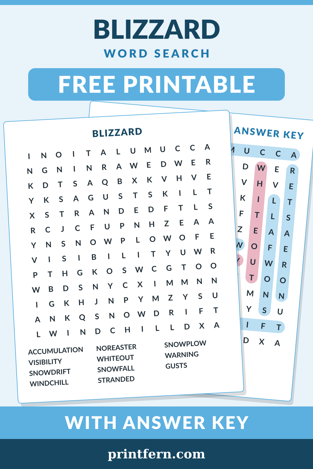 Blizzard Word Search, free printable PDF preview