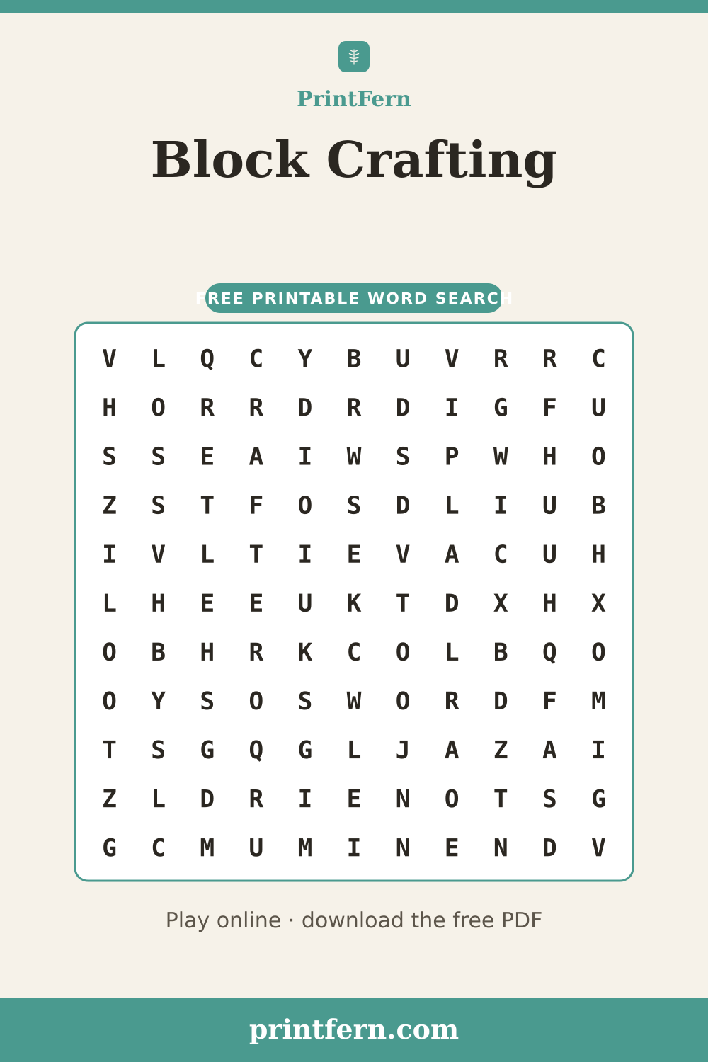 Block Crafting Word Search, free printable PDF preview