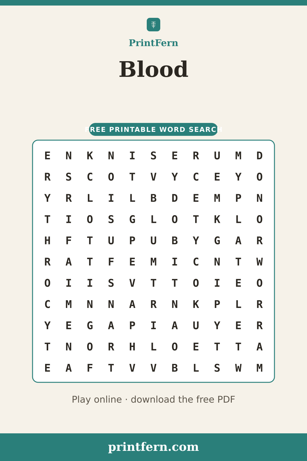 Blood Word Search, free printable PDF preview
