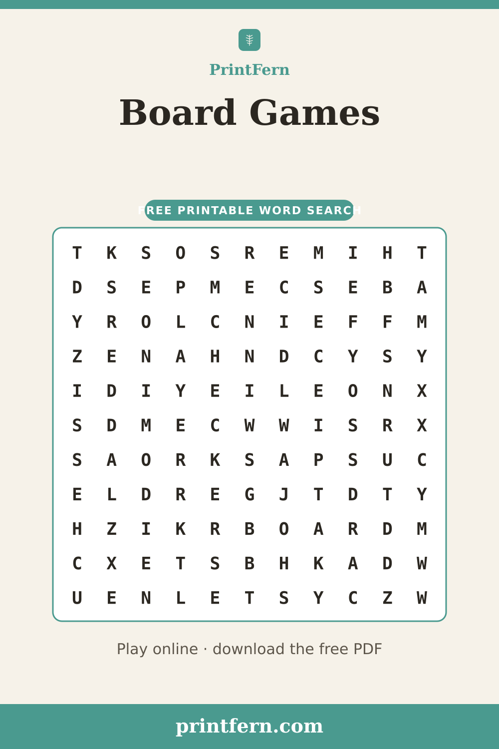 Board Games Word Search, free printable PDF preview