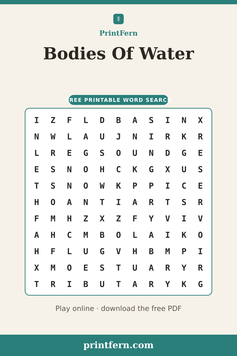 Bodies Of Water Word Search, free printable PDF preview
