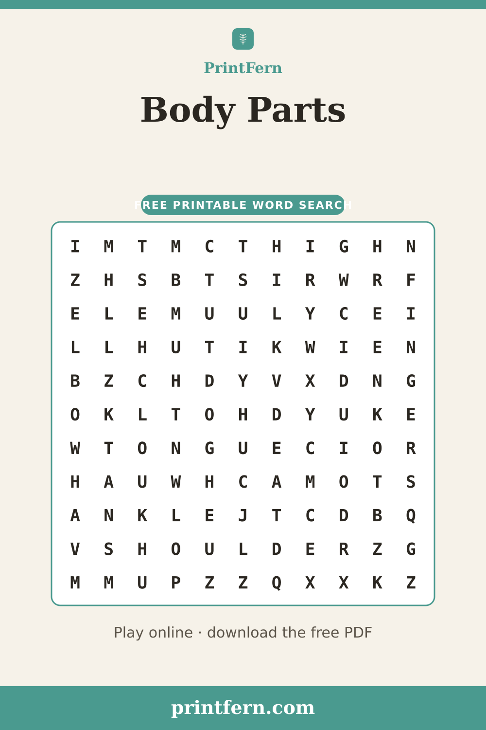 Body Parts Word Search, free printable PDF preview