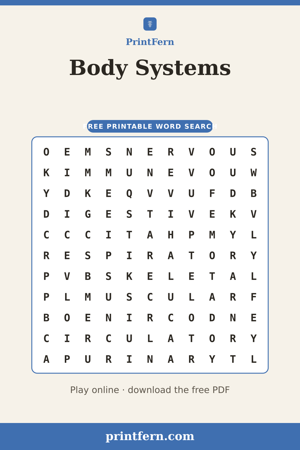 Body Systems Word Search, free printable PDF preview