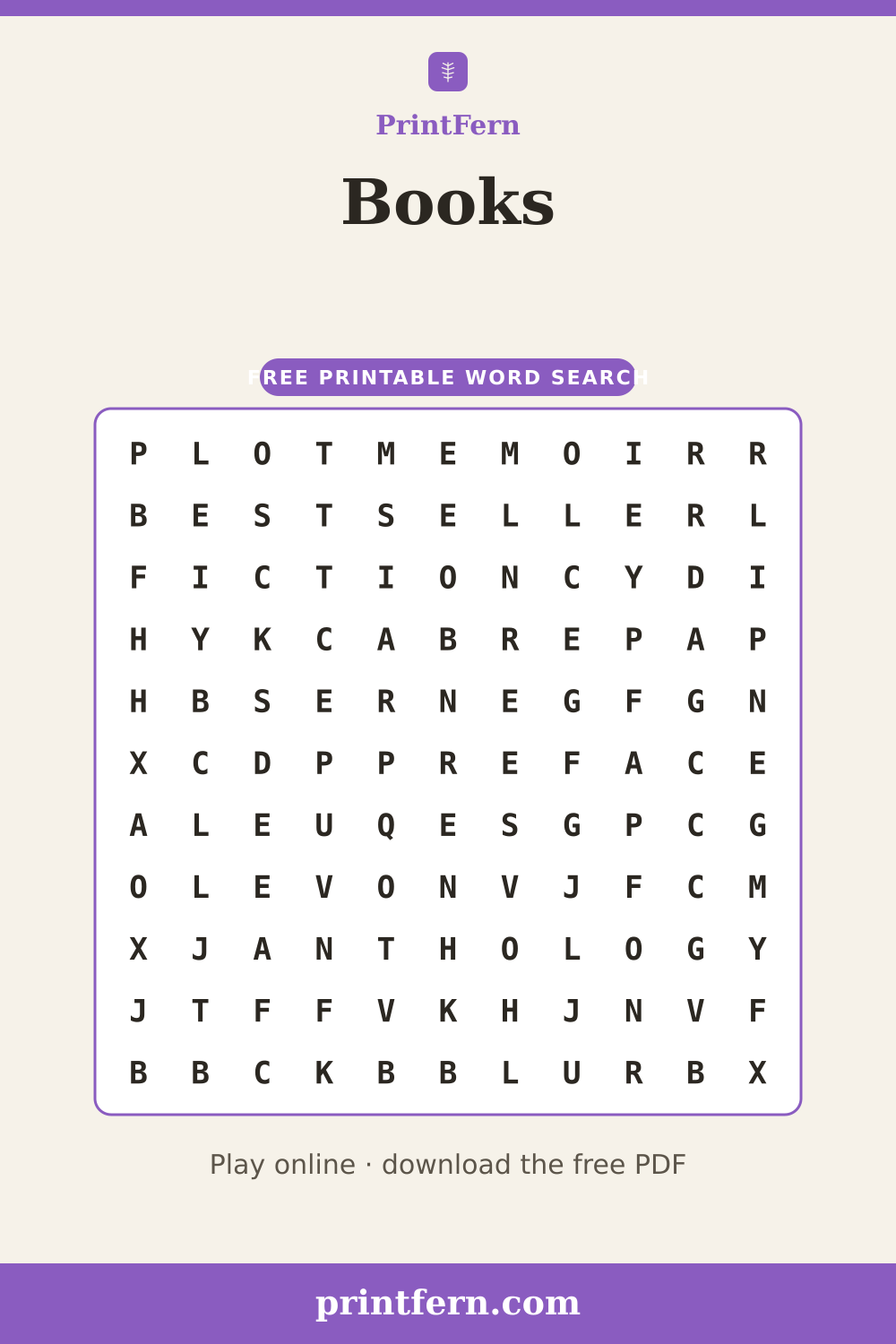 Books Word Search, free printable PDF preview