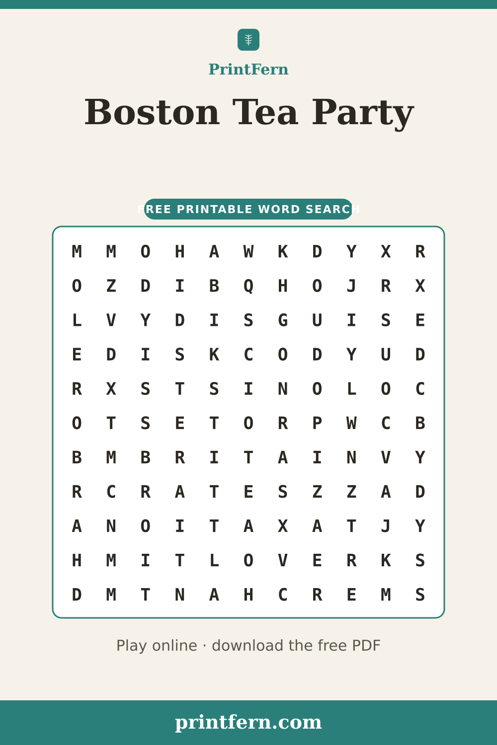 Boston Tea Party Word Search, free printable PDF preview