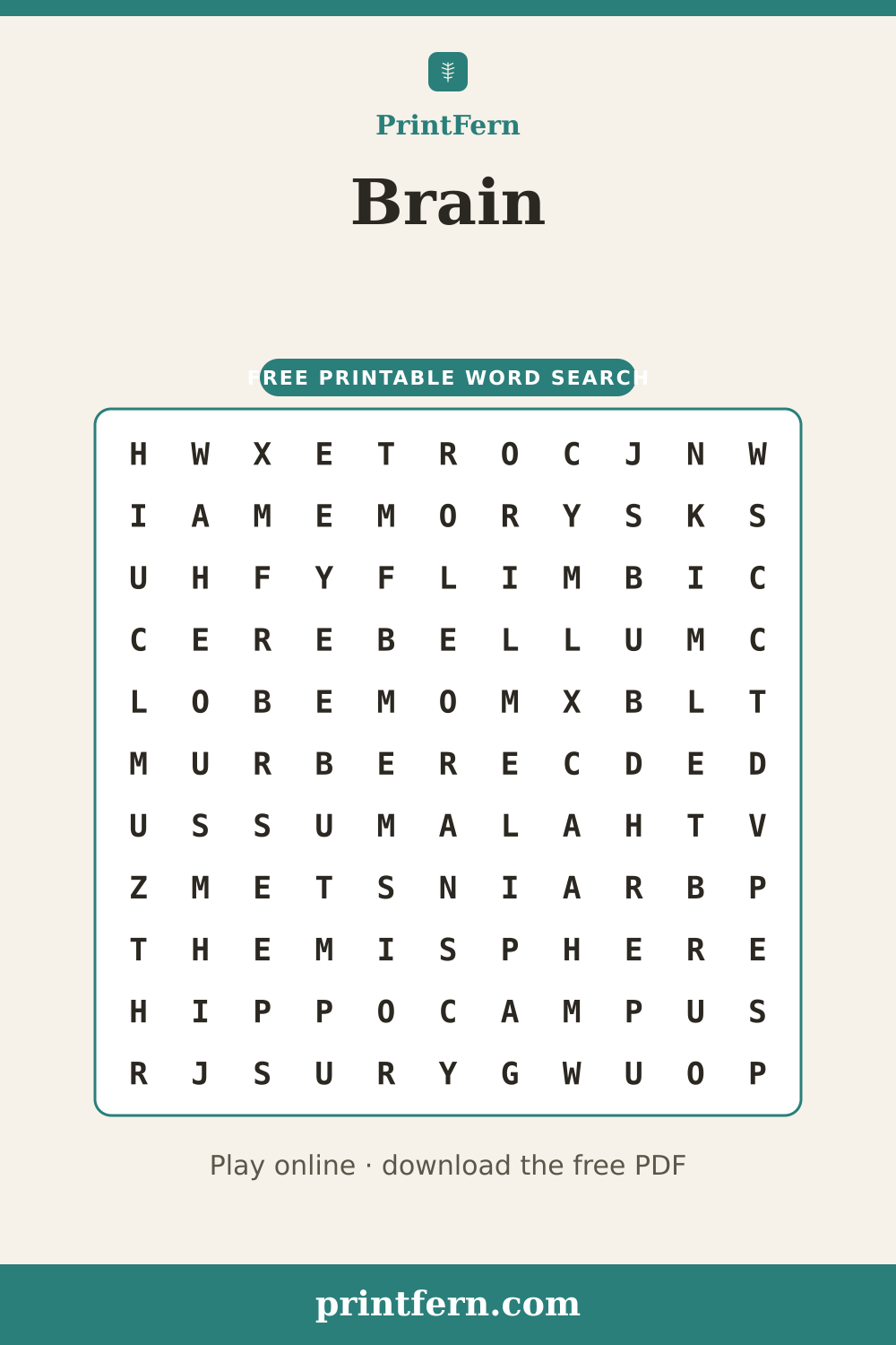 Brain Word Search, free printable PDF preview