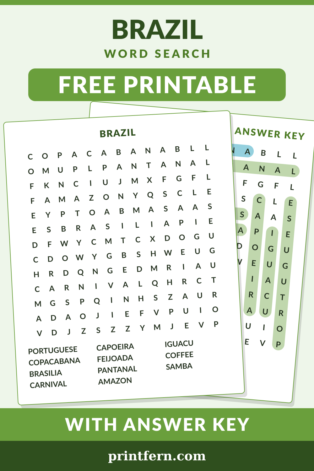 Brazil Word Search, free printable PDF preview