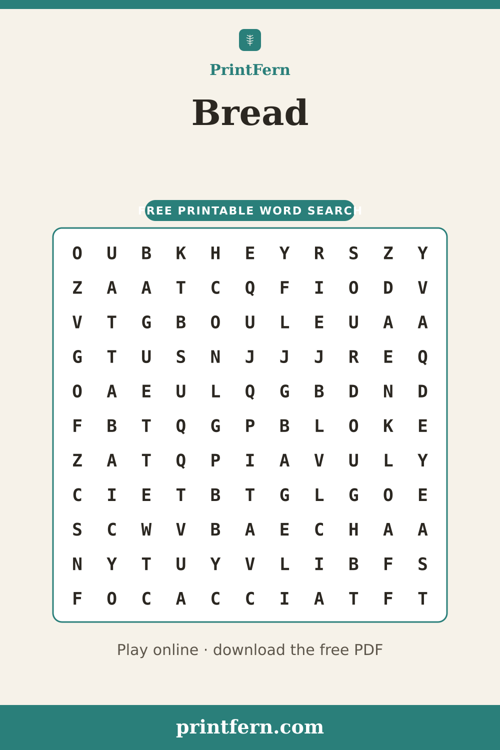 Bread Word Search, free printable PDF preview