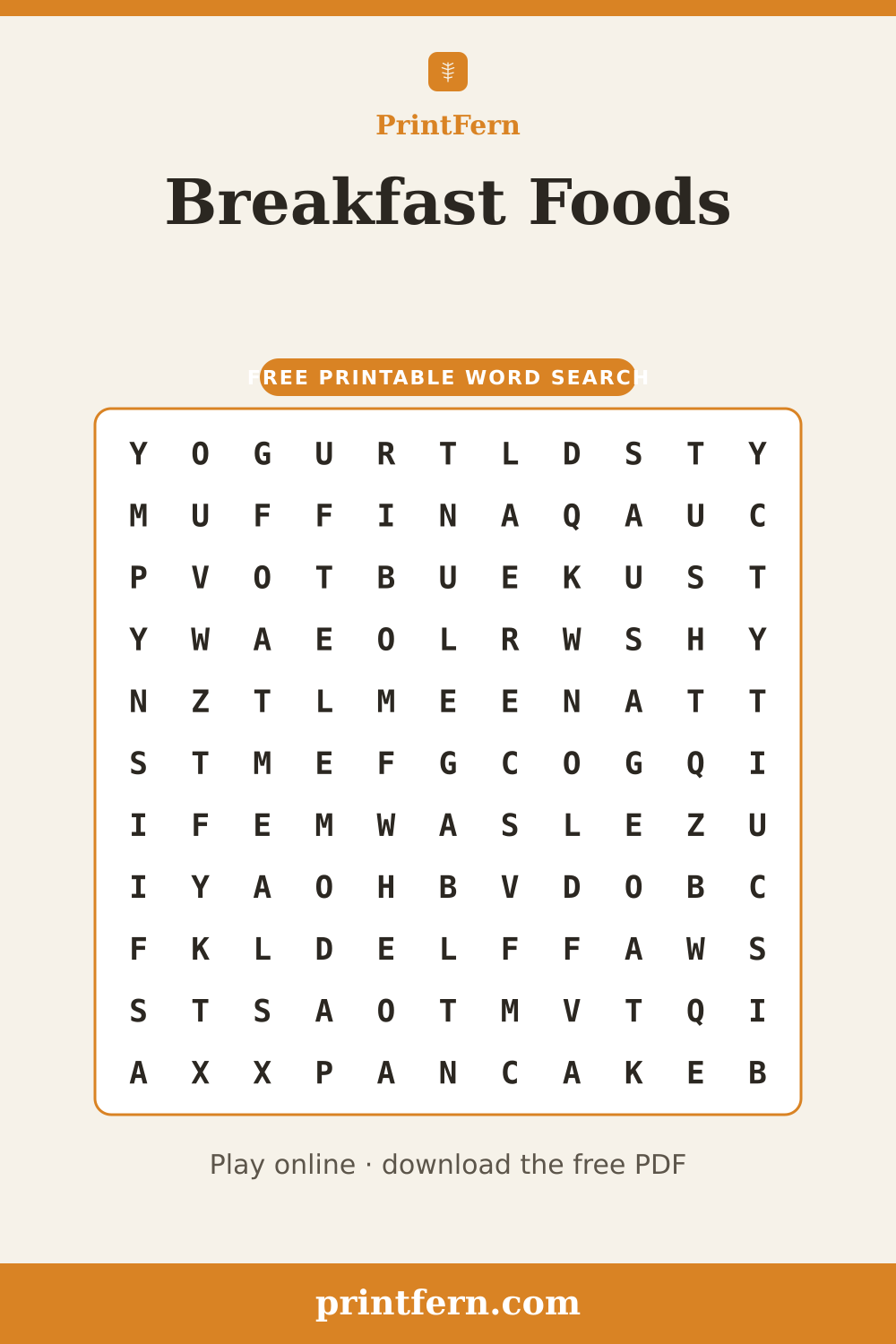 Breakfast Foods Word Search, free printable PDF preview