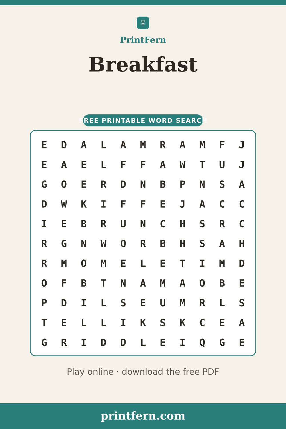 Breakfast Word Search, free printable PDF preview