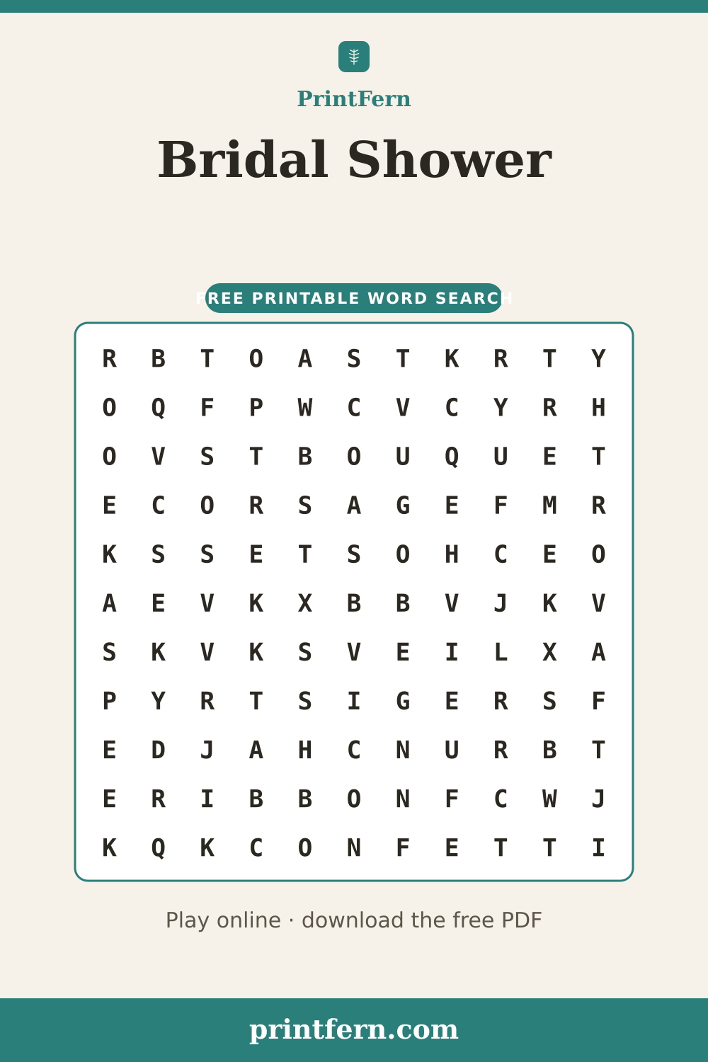 Bridal Shower Word Search, free printable PDF preview
