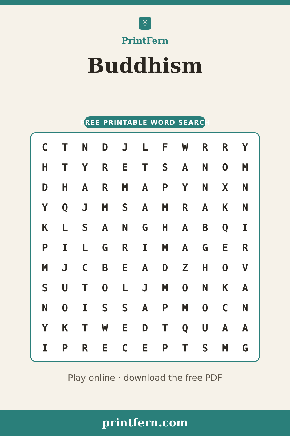 Buddhism Word Search, free printable PDF preview