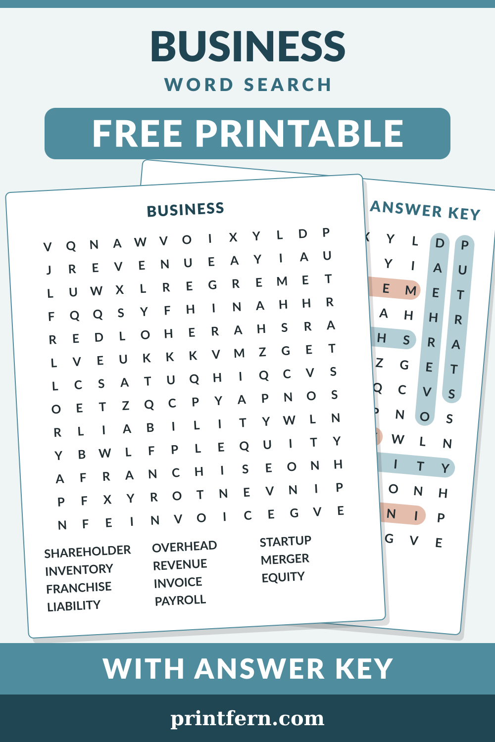 Business Word Search, free printable PDF preview