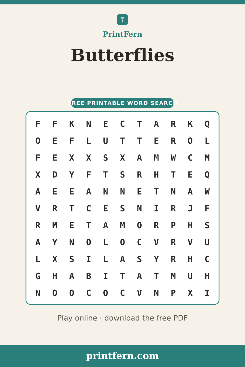 Butterflies Word Search, free printable PDF preview