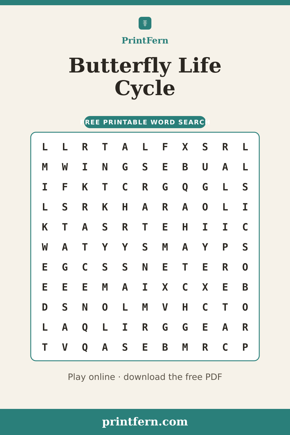 Butterfly Life Cycle Word Search, free printable PDF preview