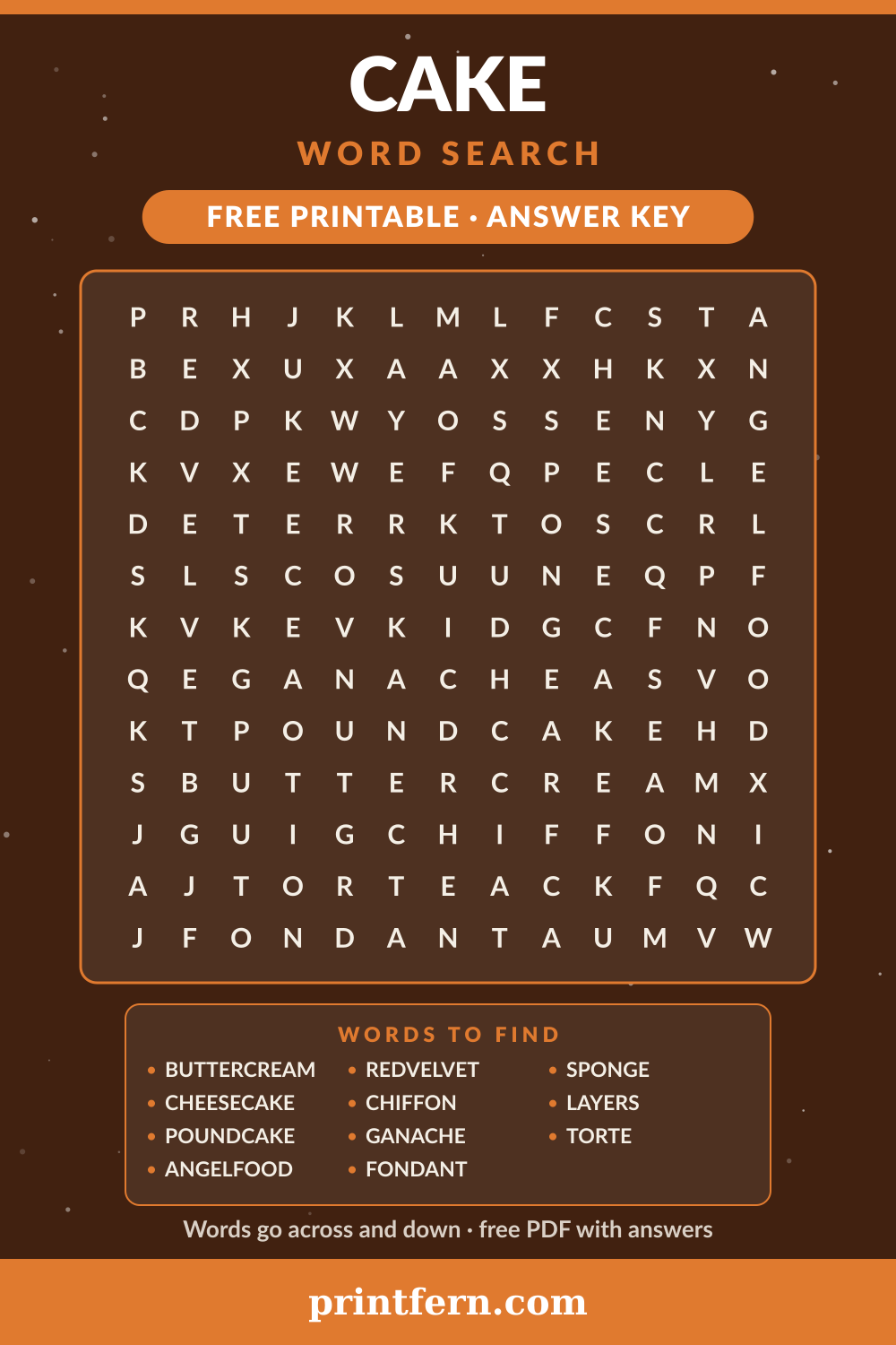 Cake Word Search, free printable PDF preview