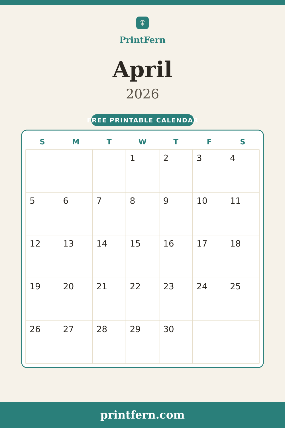 April 2026 calendar, free printable PDF