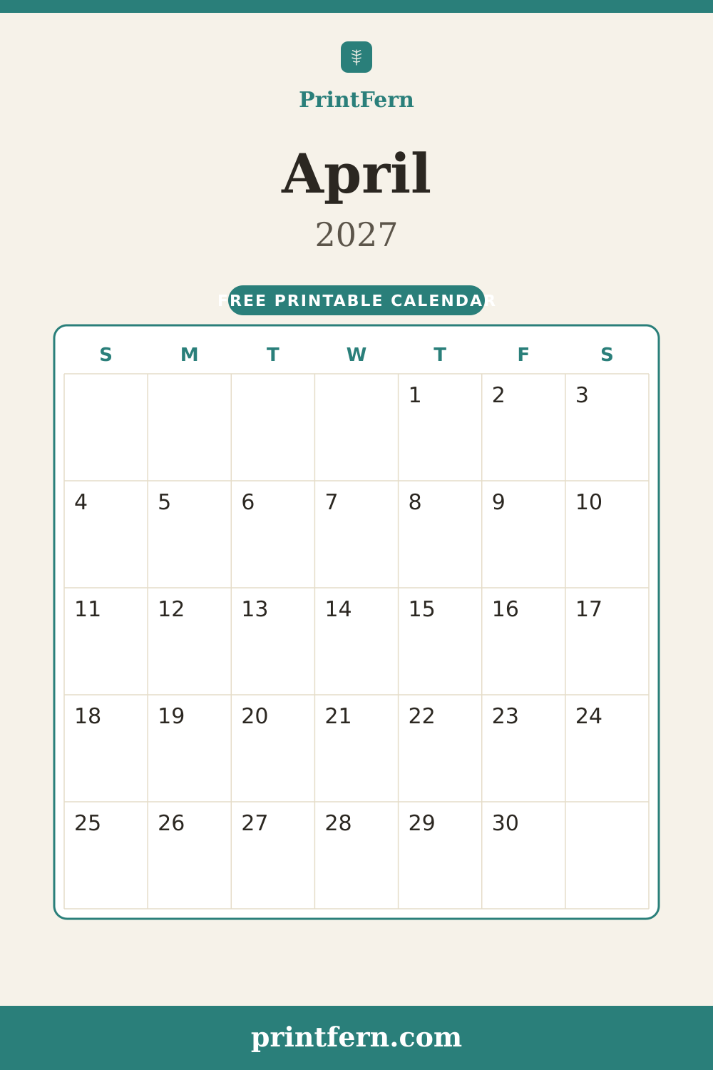 April 2027 calendar, free printable PDF