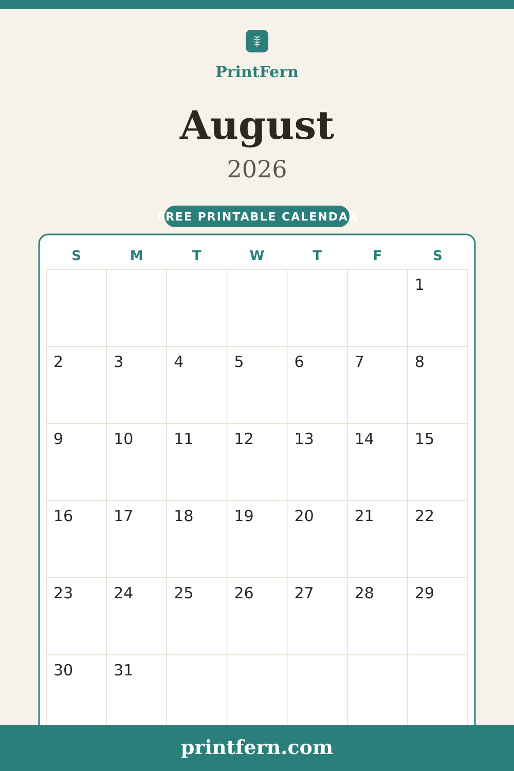 August 2026 calendar, free printable PDF