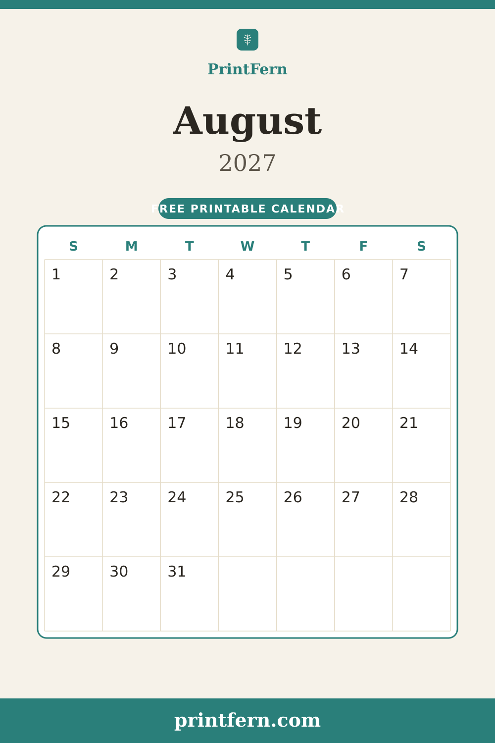 August 2027 calendar, free printable PDF