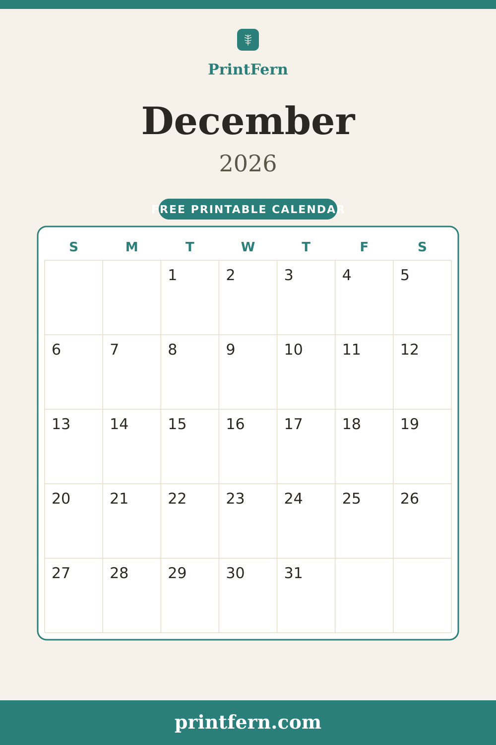 December 2026 calendar, free printable PDF