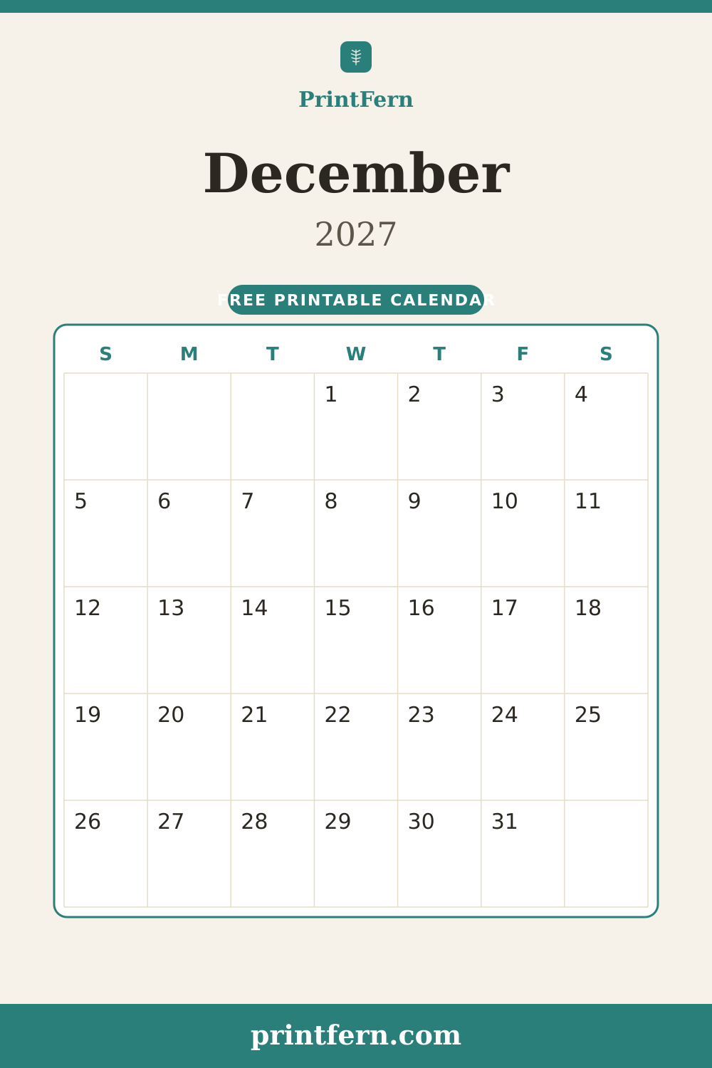 December 2027 calendar, free printable PDF